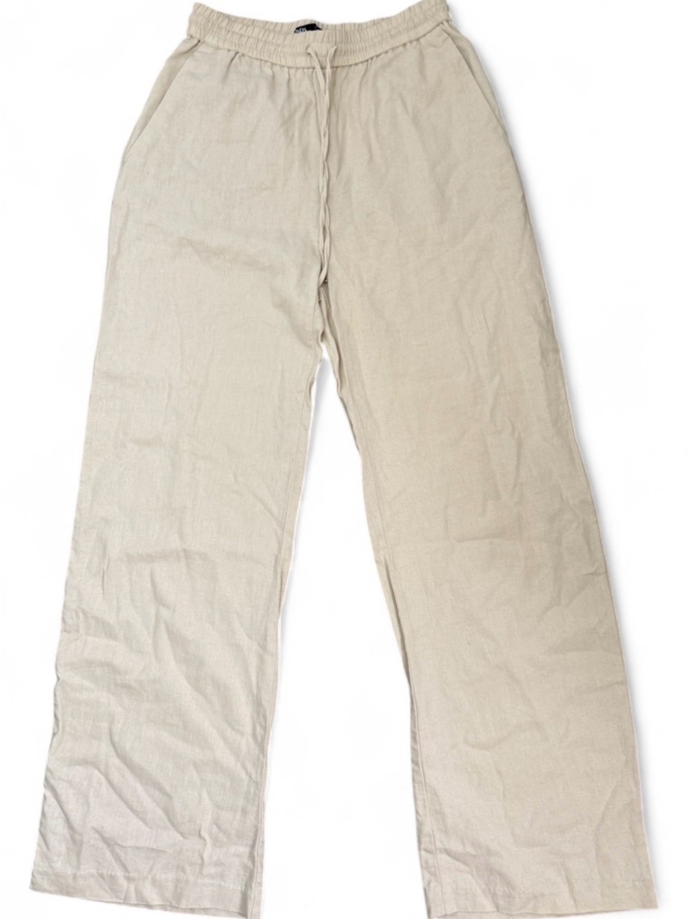 ZARA Linen Blend Drawstring Pants Beige Oatmeal Wide Leg Boho Resort Trouser - M